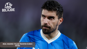 nfografis analisis keputusan Florentino Perez menolak transfer Ruben Neves, menjelaskan prinsip filosofi BOLA JOIE Real Madrid seperti visi jangka panjang dan disiplin finansial.