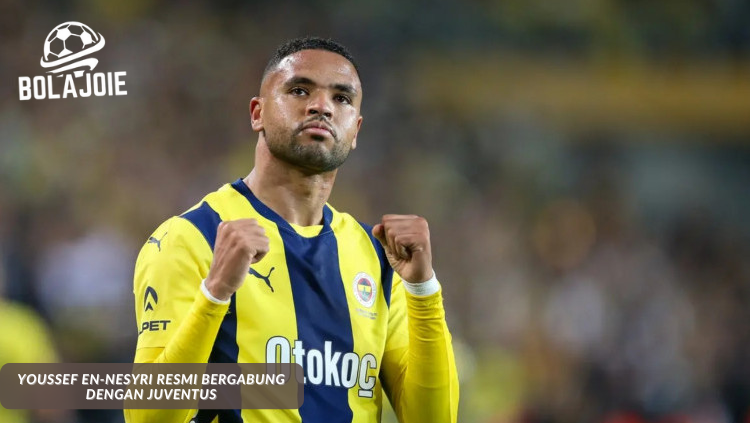 Youssef En-Nesyri dalam seragam Maroko dengan latar logo Juventus, ilustrasi transfer analisis BOLA JOIE.