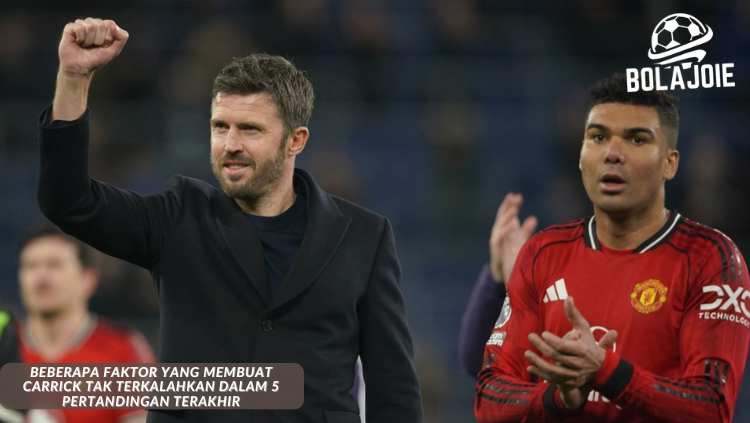 Infografis 5 faktor kunci yang membuat Manchester United era Michael Carrick belum terkalahkan: formasi 4-2-3-1, pendekatan humanis, fleksibilitas taktik, sinergi staf bintang, kebangkitan pemain.